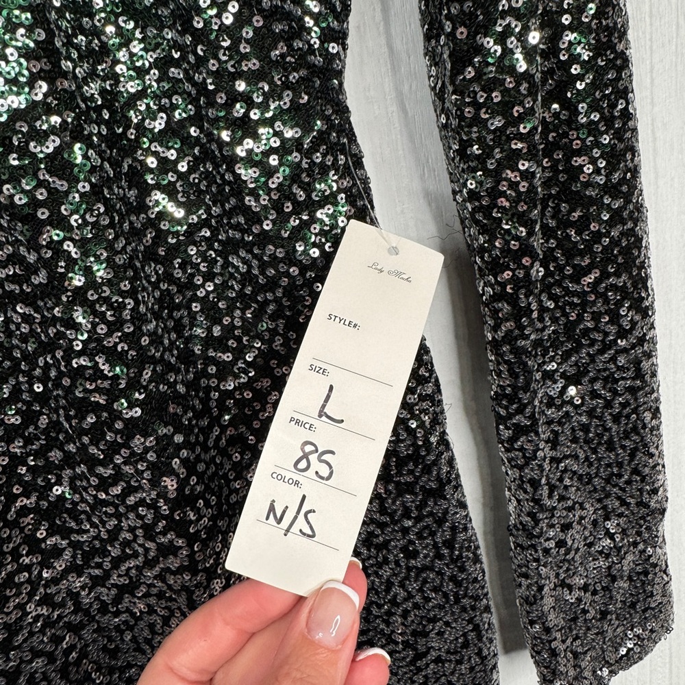 Sequin Green & Silver Long Sleeve Dress - Picture 4 of 8